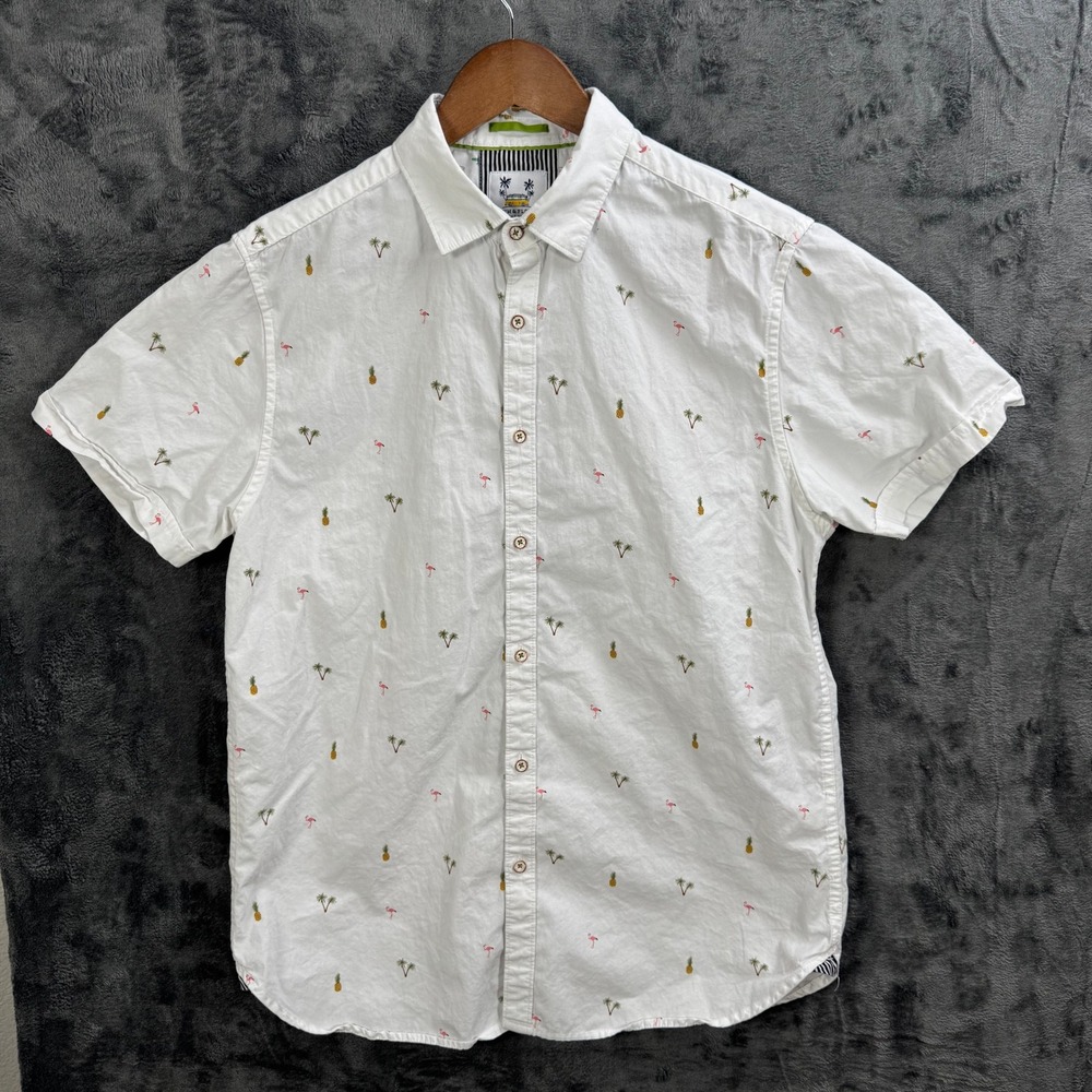 Denim & Flower Ricky Singh Mens Medium White Tropical Pineapple Flamingo Shirt